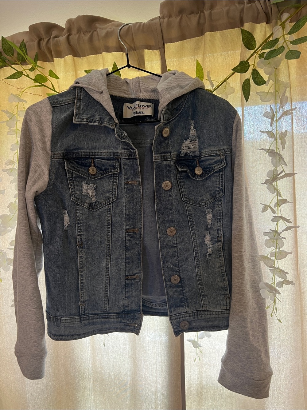 Wallflower Blue Denim Jacket with Gray Knit Hood & Sleeves